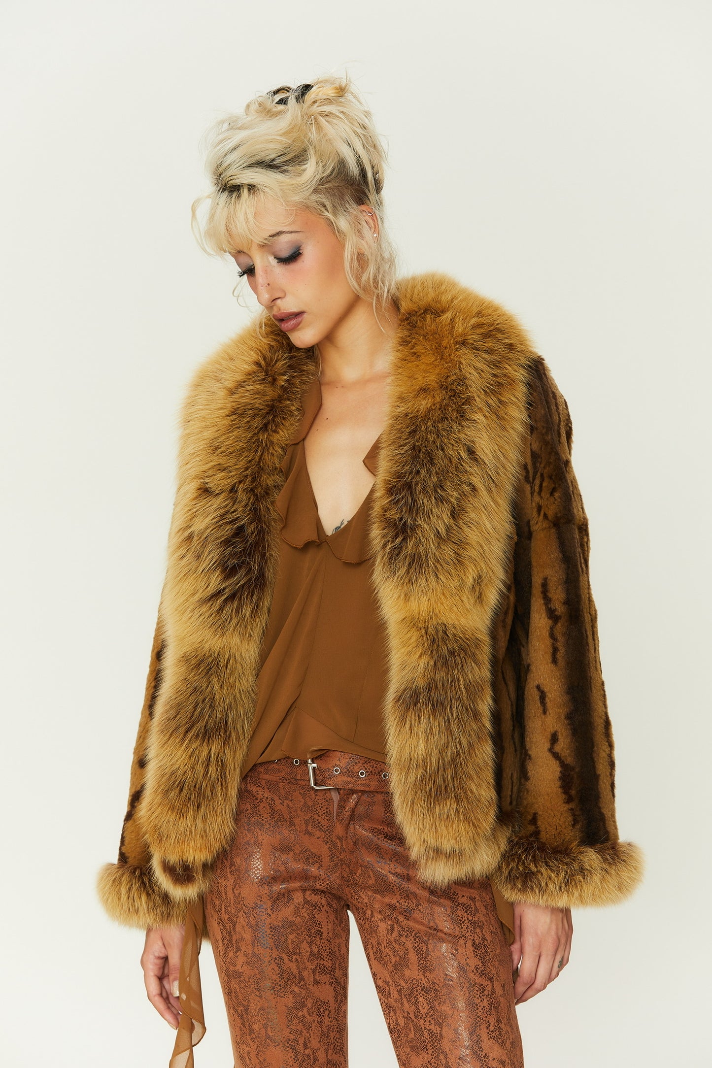 Regina Dyed Rabbit & Fox Fur Collar Slim Coat in Brown