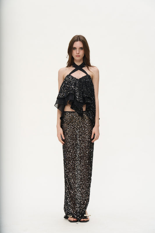 Parry Sequined Maxi Skirt in Black