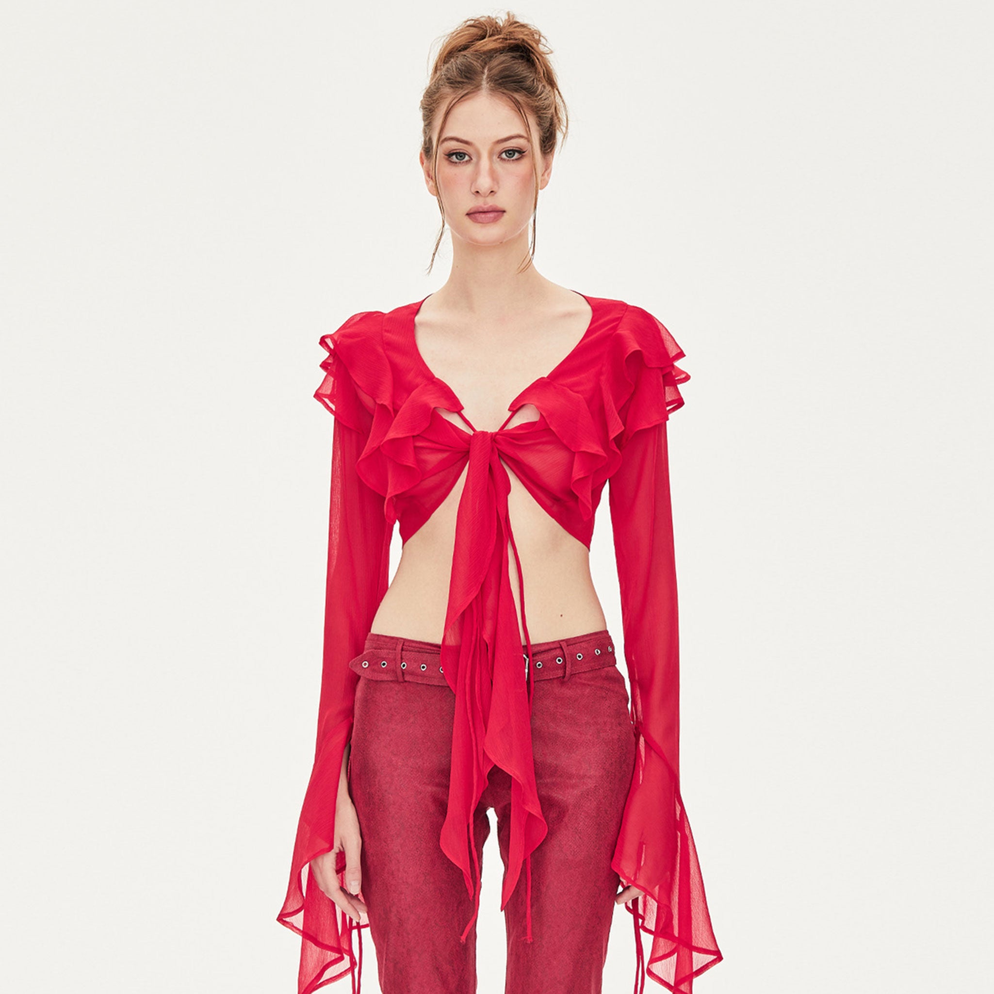Kelly V-neck Ruffled Chiffon Crop Blouse in Red – Pann