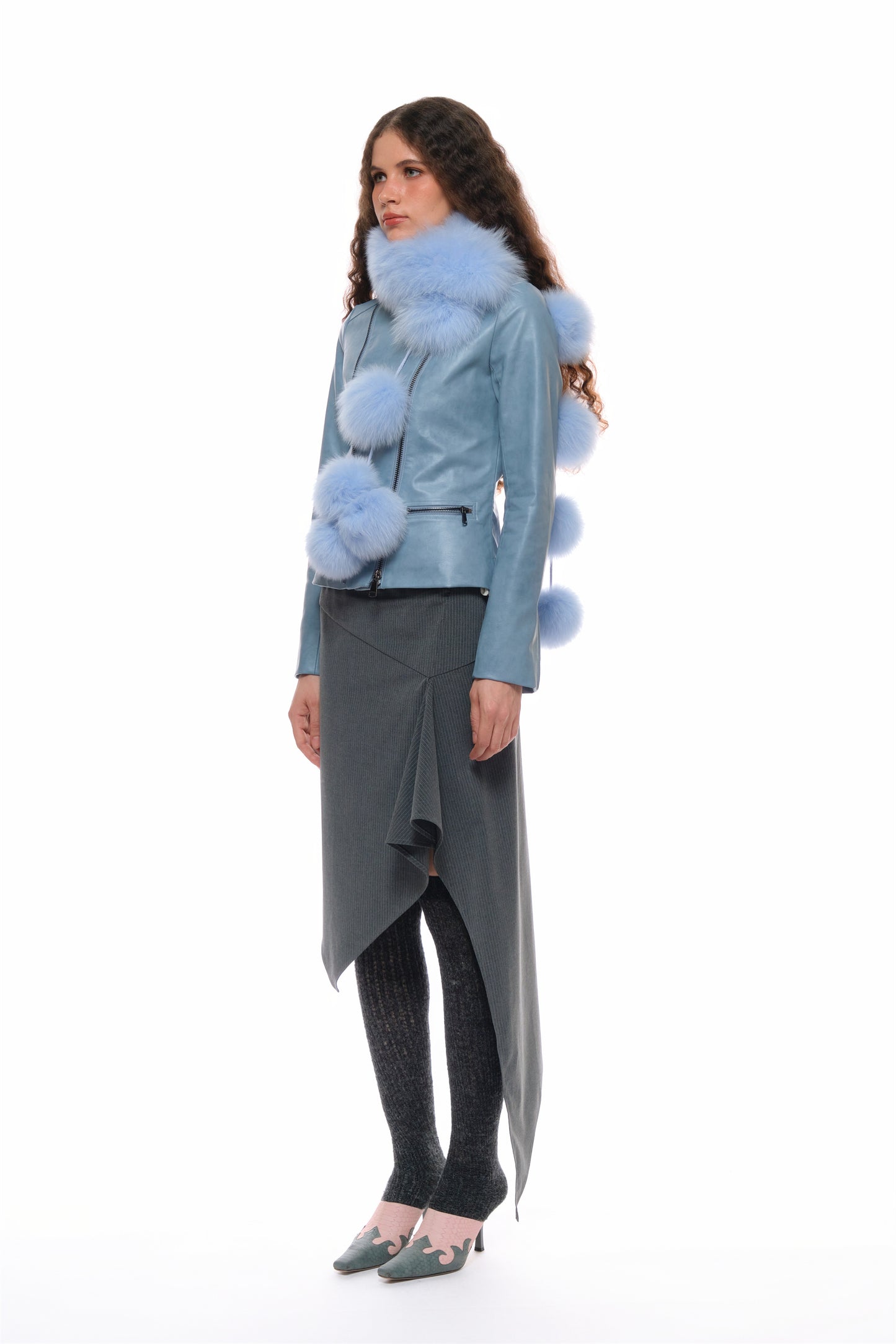 Bette Dreamy Pom-Pom Fur Scarf in Blue