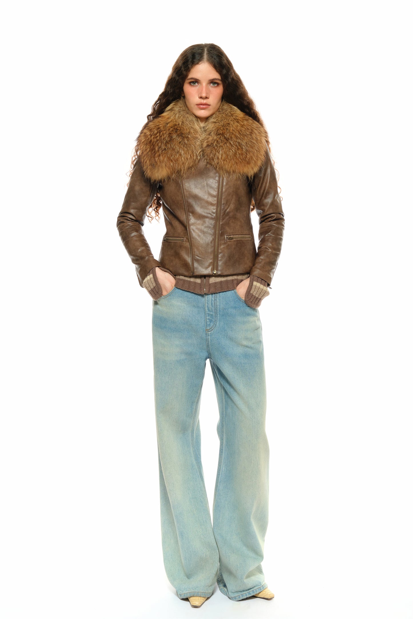 Mitty Raccoon Fur-Trimmed Leather Jacket in Brown