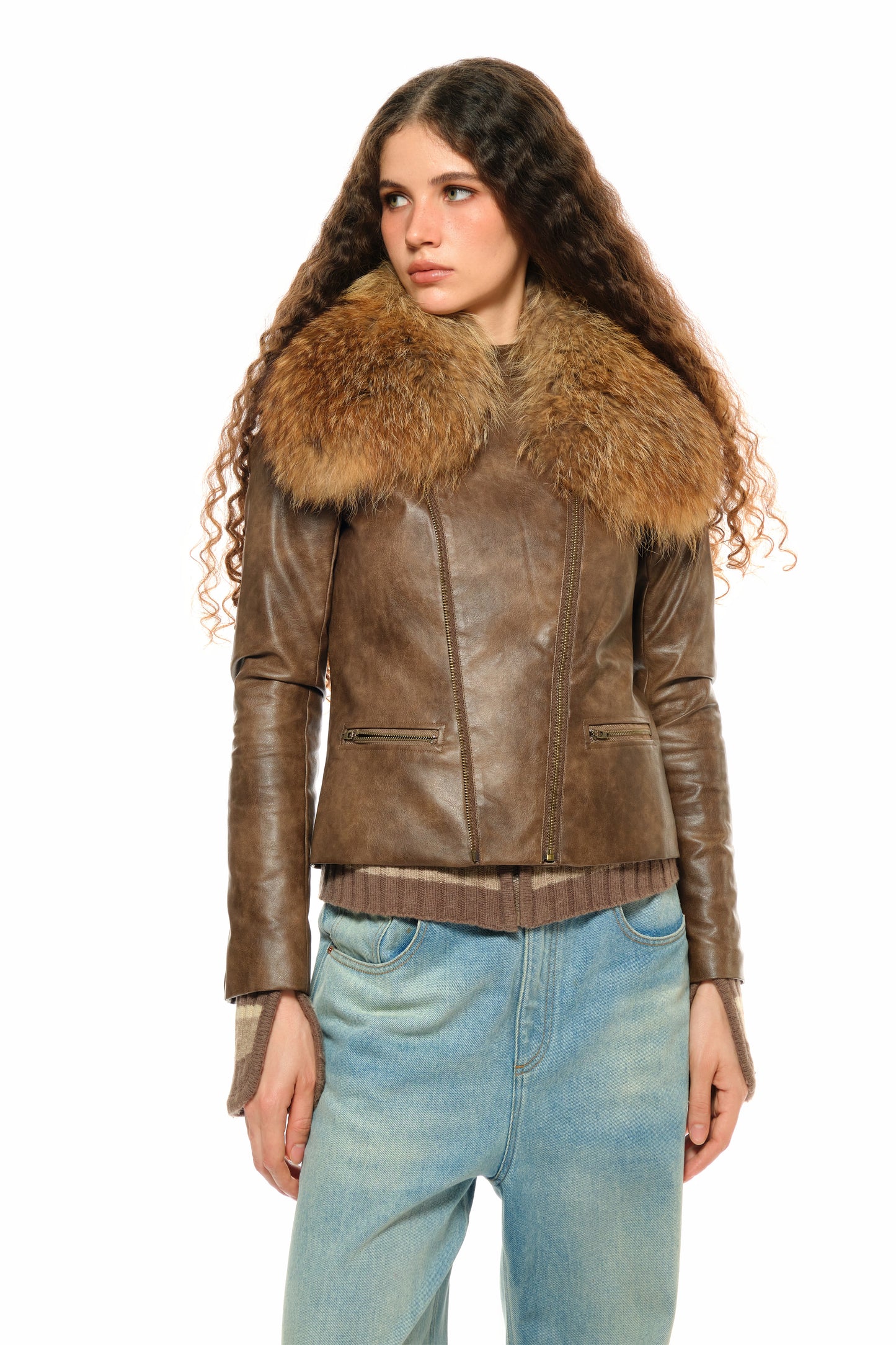 Mitty Raccoon Fur-Trimmed Leather Jacket in Brown