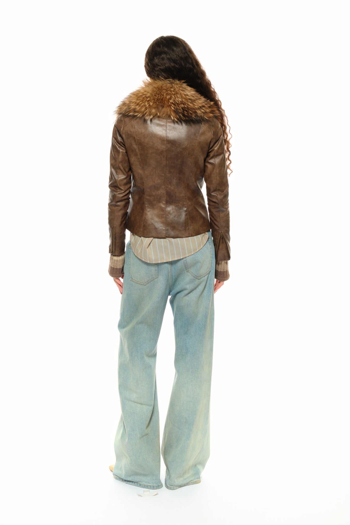 Mitty Raccoon Fur-Trimmed Leather Jacket in Brown