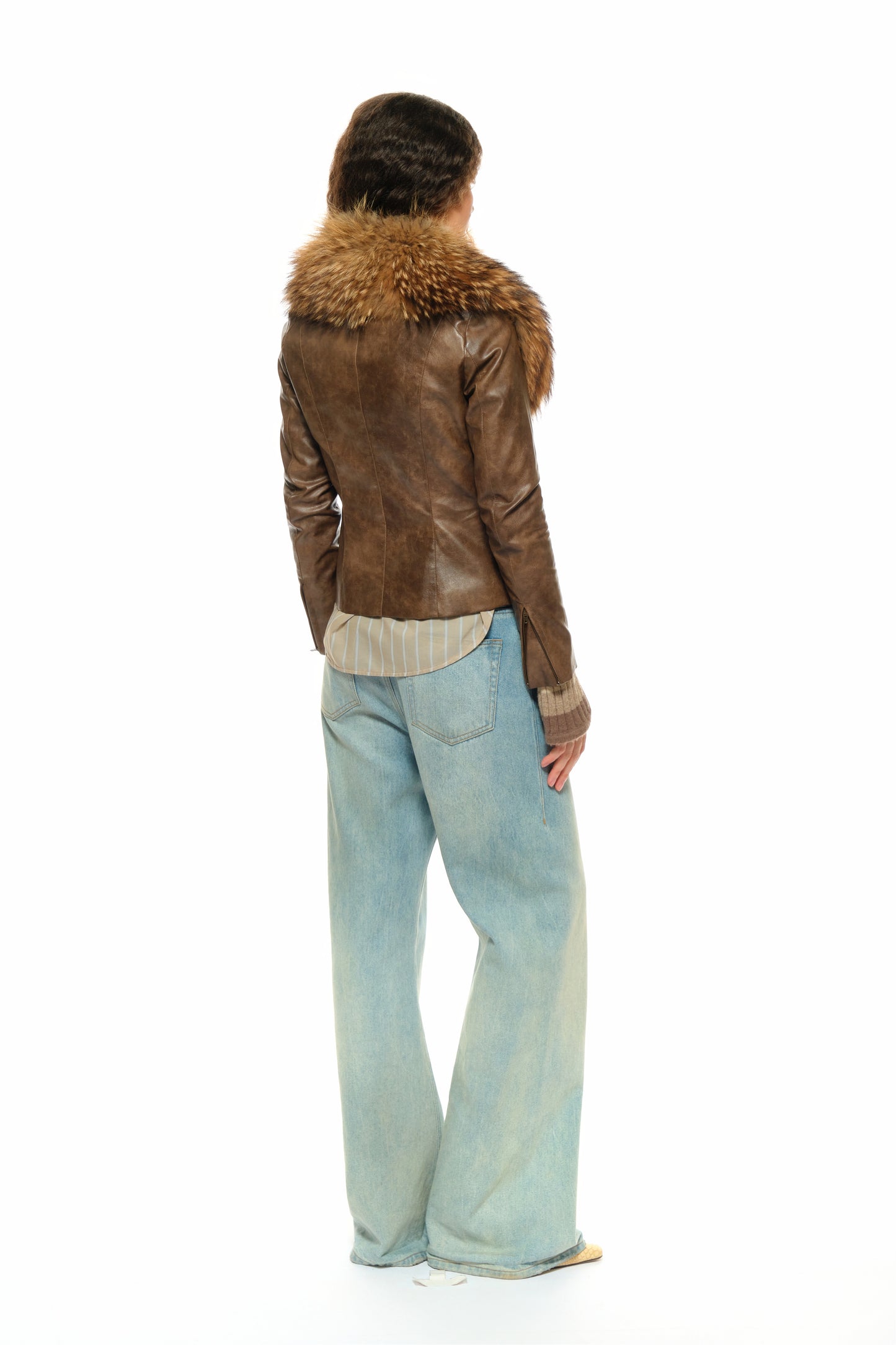 Mitty Raccoon Fur-Trimmed Leather Jacket in Brown