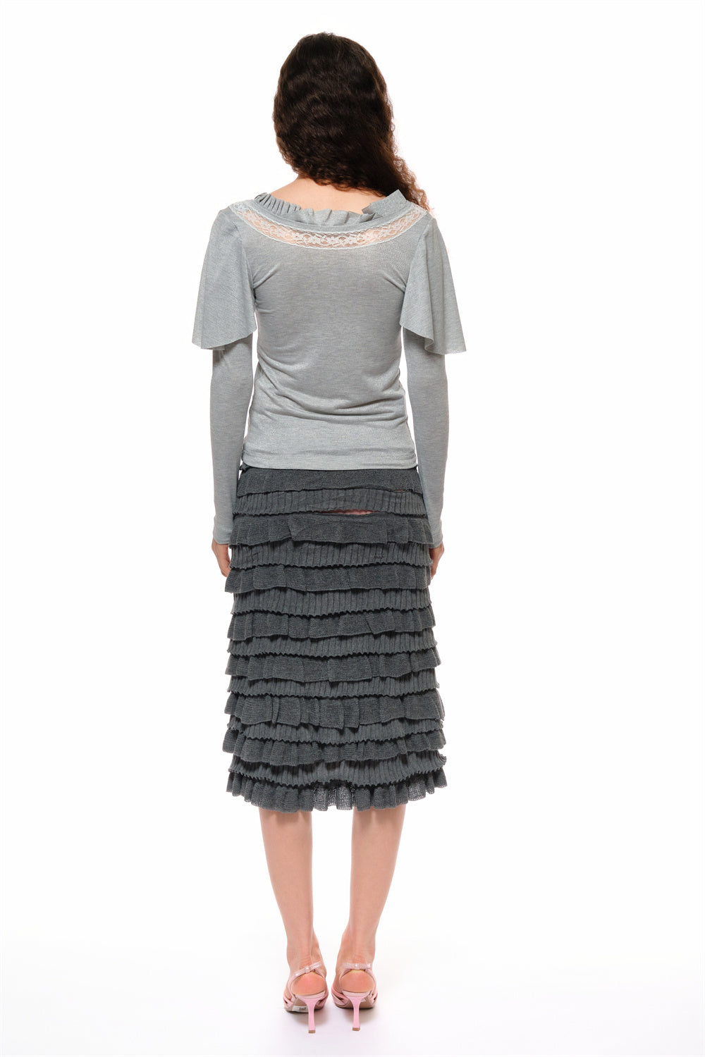 Milly Spliced Lace Flutter Top in Gray