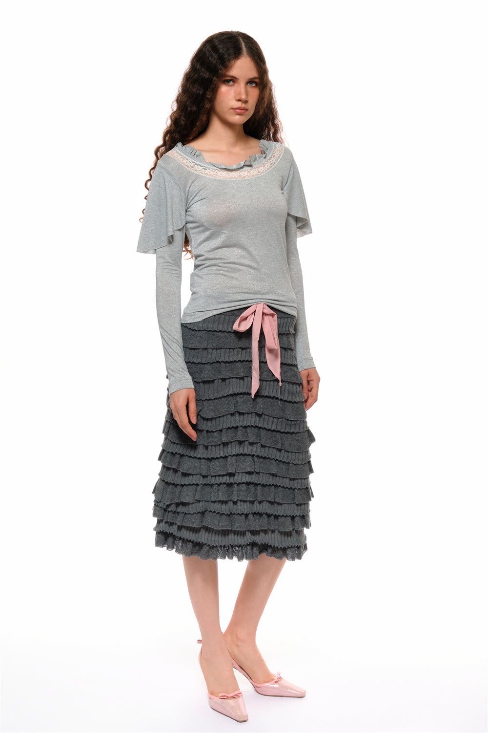 Milly Spliced Lace Flutter Top in Gray