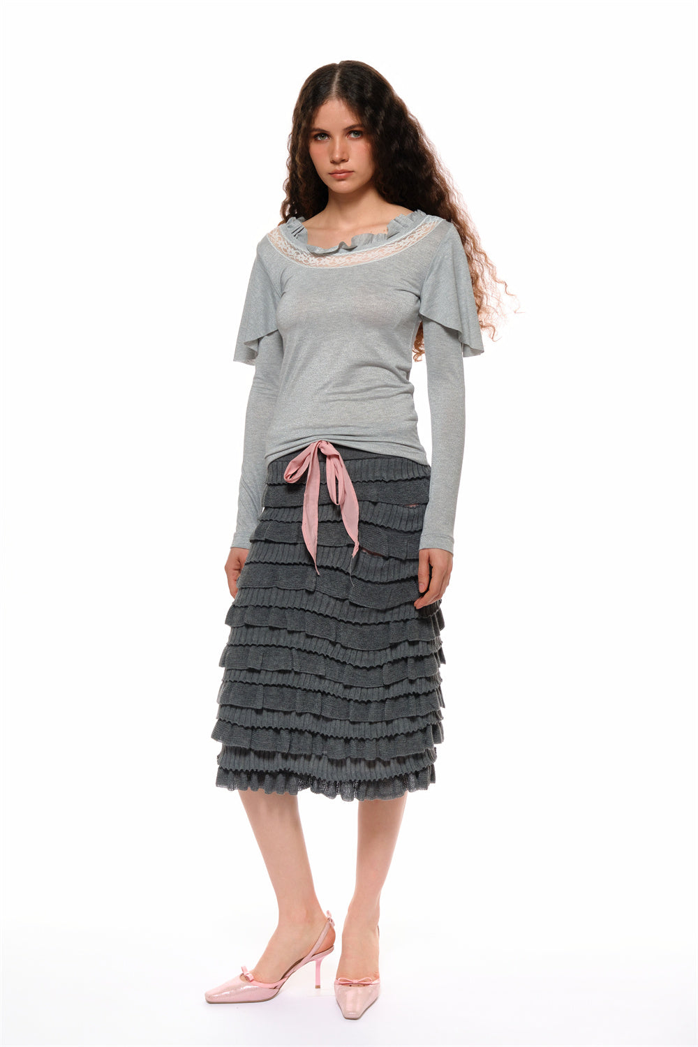 Milly Spliced Lace Flutter Top in Gray