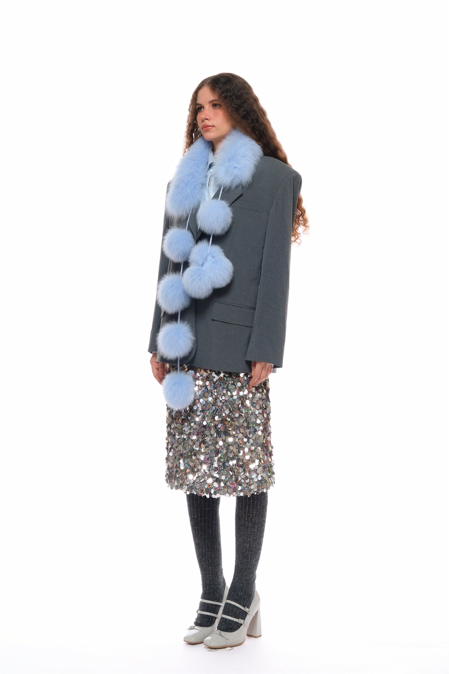 Bette Dreamy Pom-Pom Fur Scarf in Blue