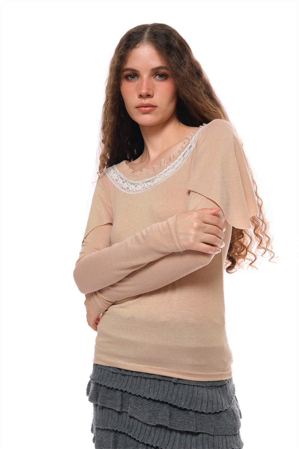 Milly Spliced Lace Flutter Top in Pink