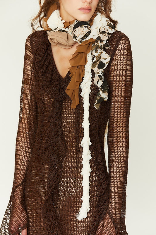 Eve Ruffled Floral Scarf in Brown