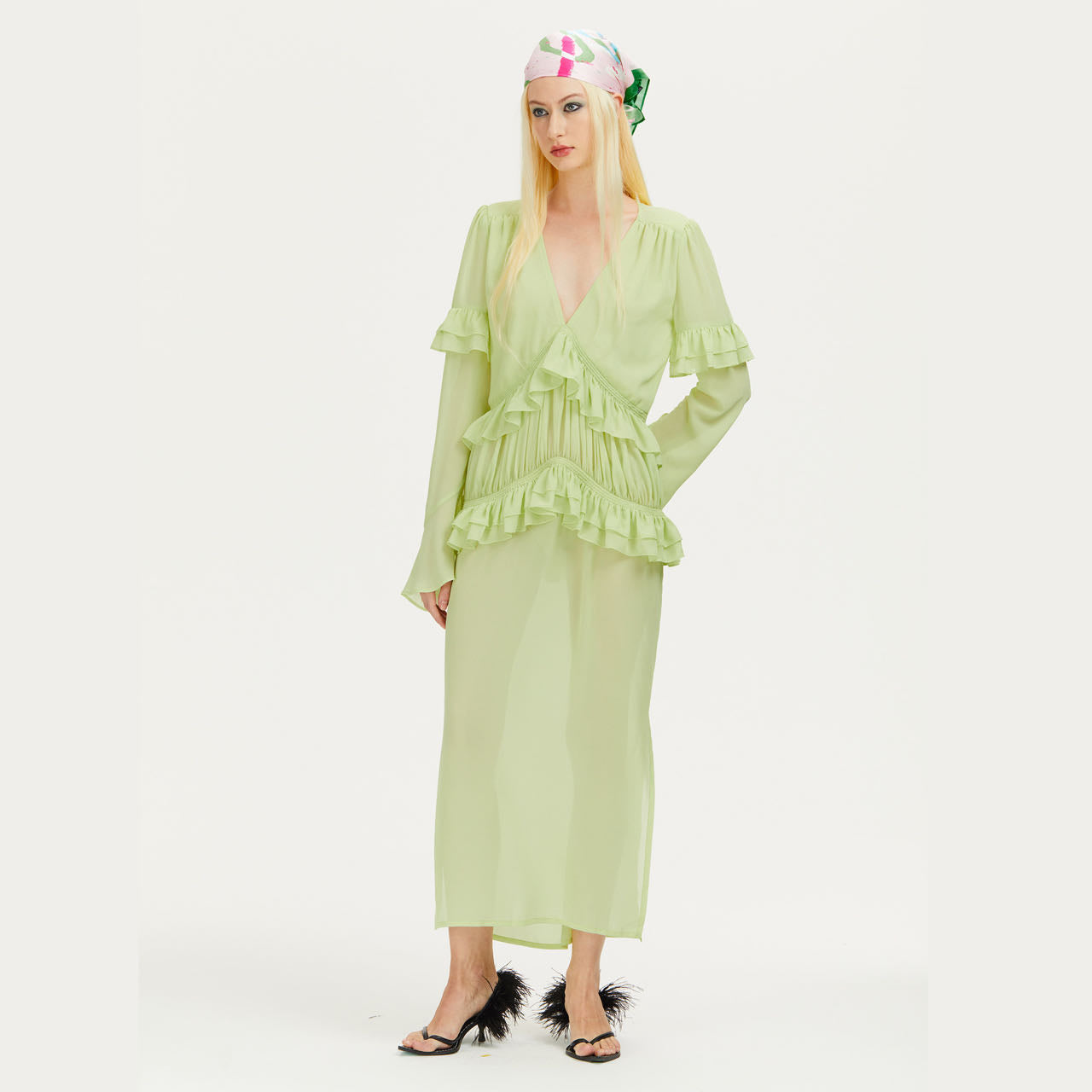 Varella Chiffon Romantic Dress in Oliver Green