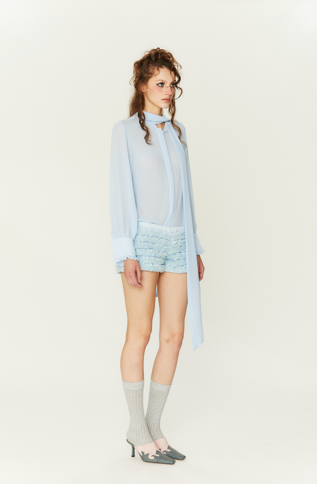 Soufflé Satin Tiered Shorts in Blue