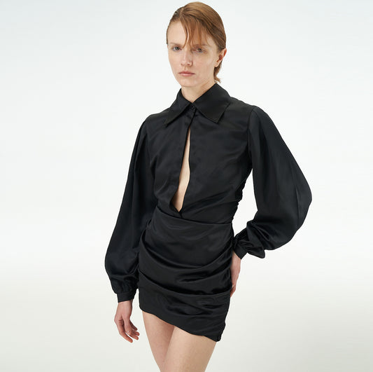 Tess Open-Back Ruched Slim Mini Dress in Black
