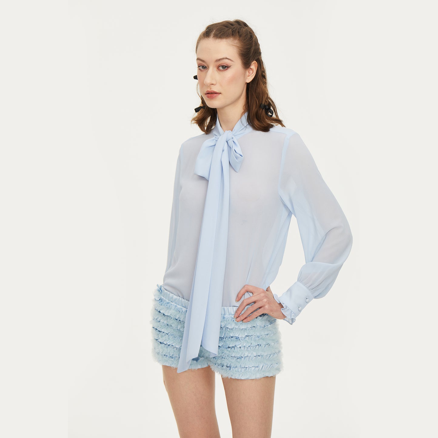 Soufflé Satin Tiered Shorts in Blue