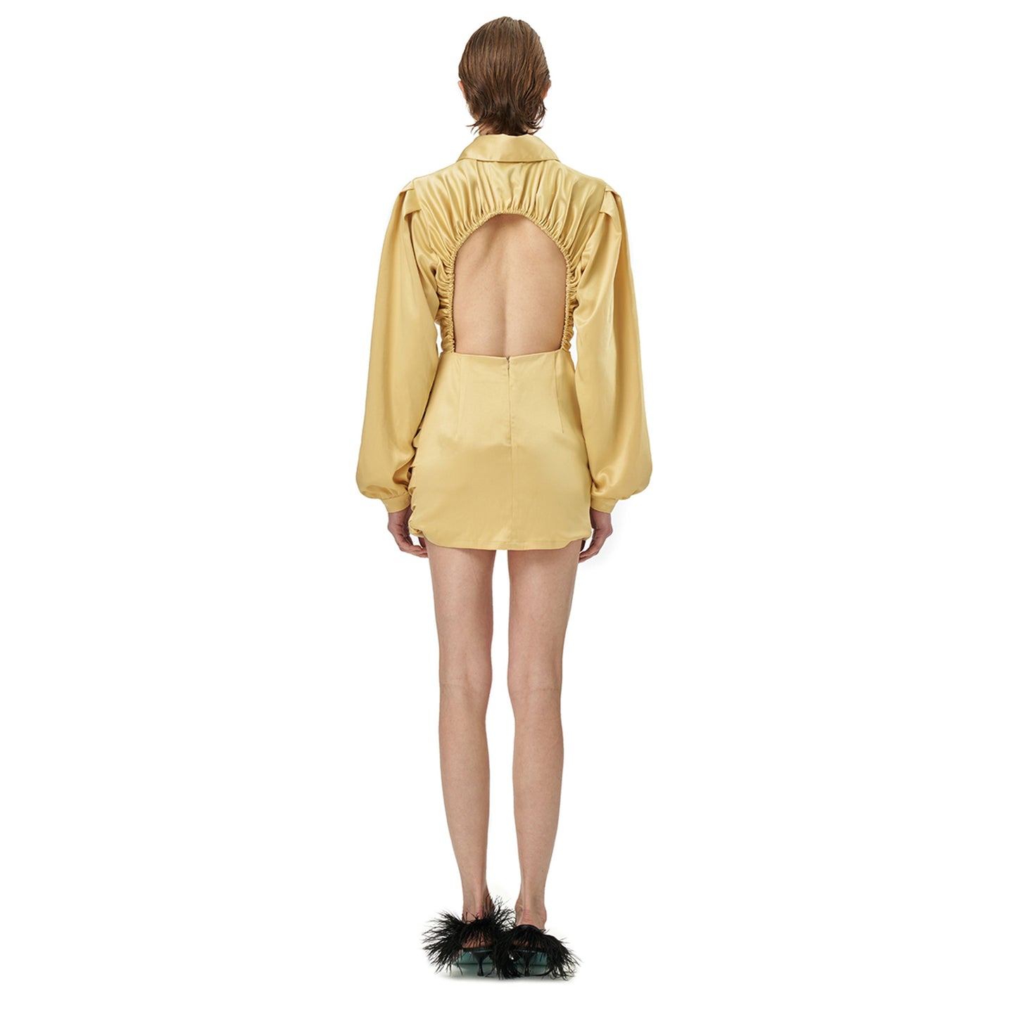 Tess Open-Back Ruched Slim Mini Dress in Yellow