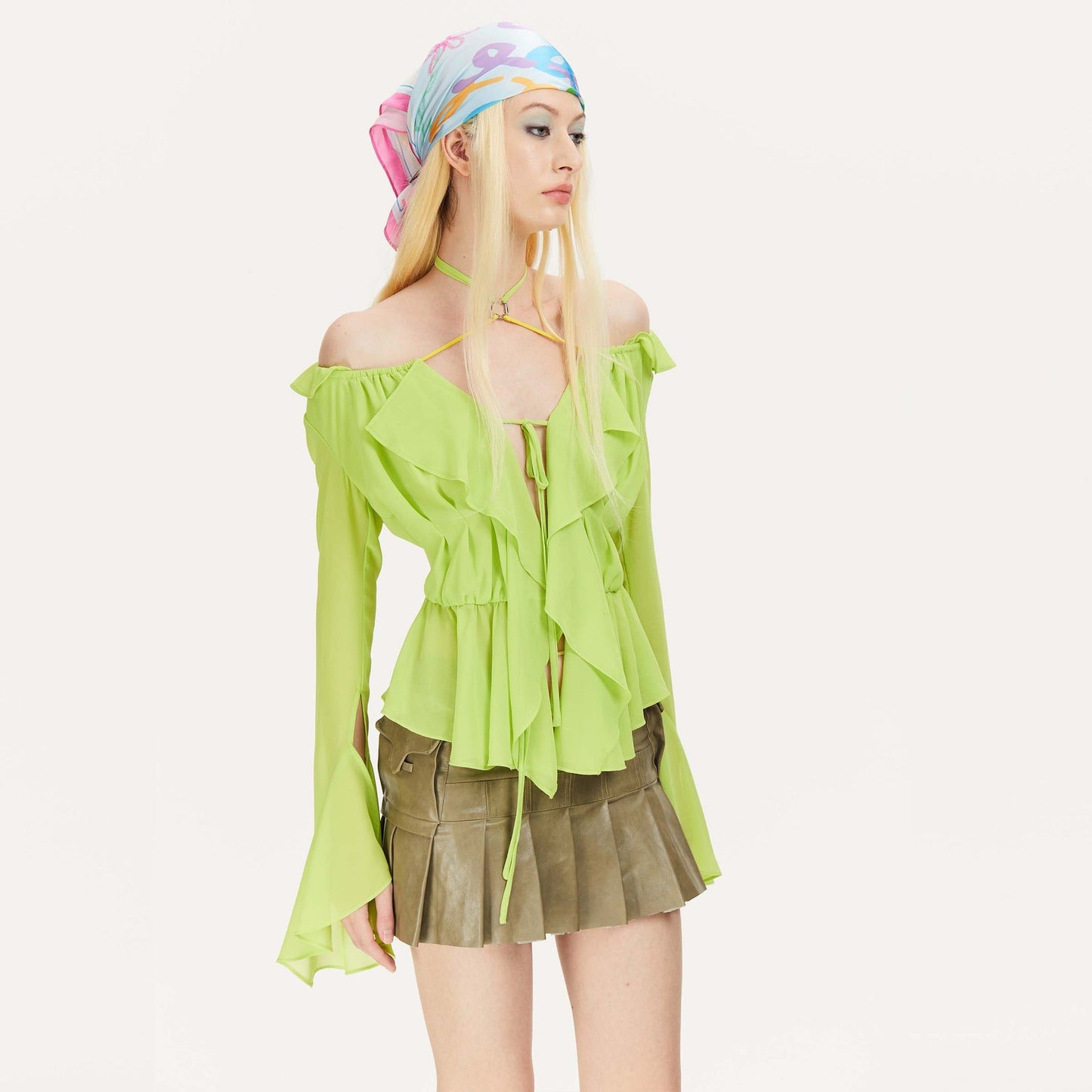 Abby Romantic Chiffon Blouse in Olive Green