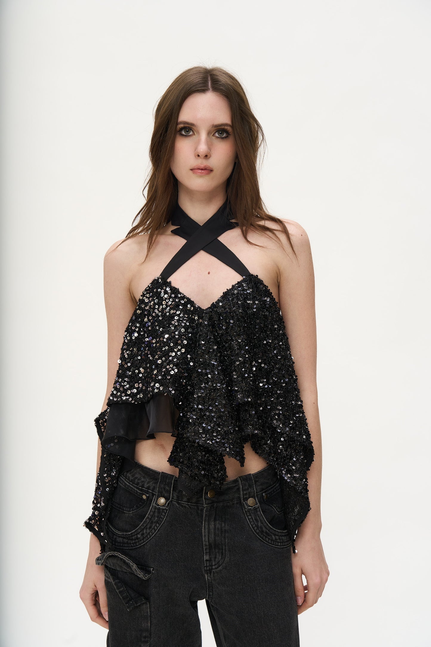 Devi Sequined Layered Halter Top in Black