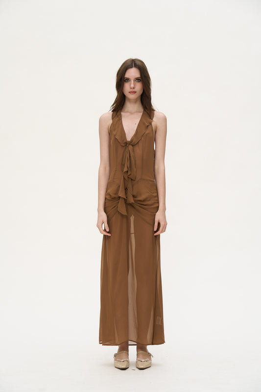 Sarah V-neck pleated dress in Brown