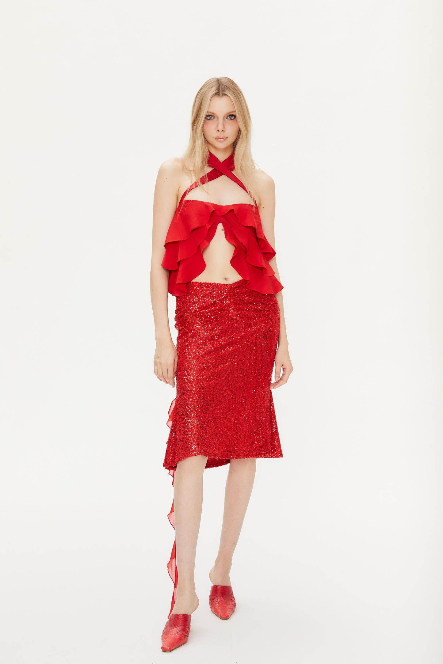 Arlo Sequin Midi Skirt in Red