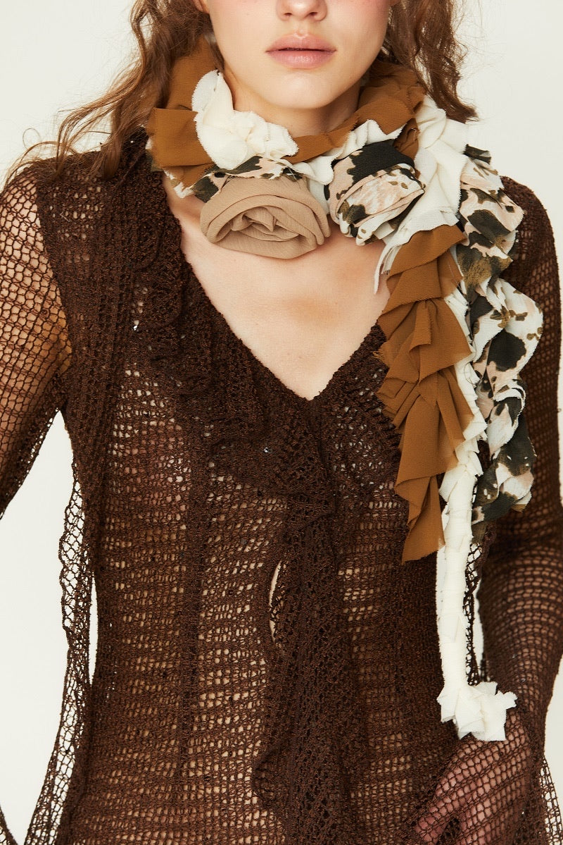 Eve Ruffled Floral Scarf in Brown