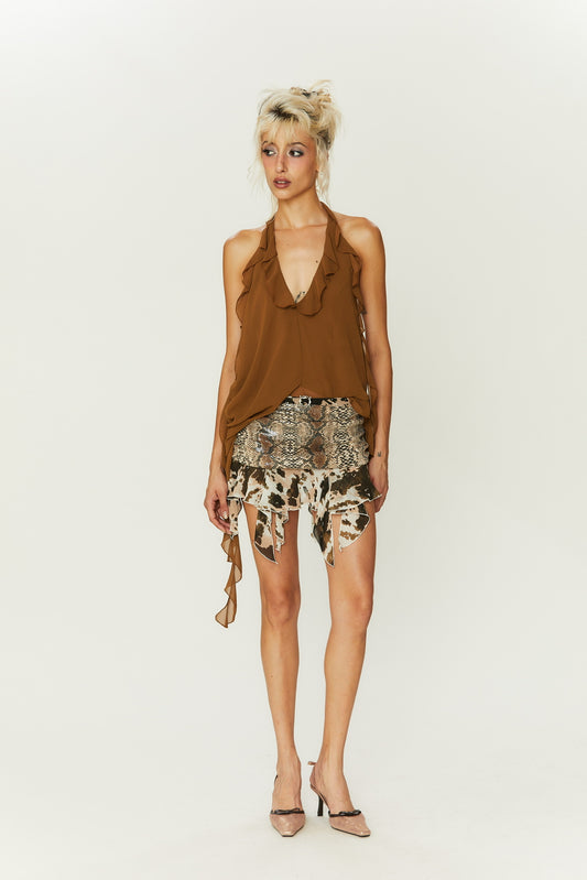 Polly Snakeskin Print Sequin Mini Skirt in Brown