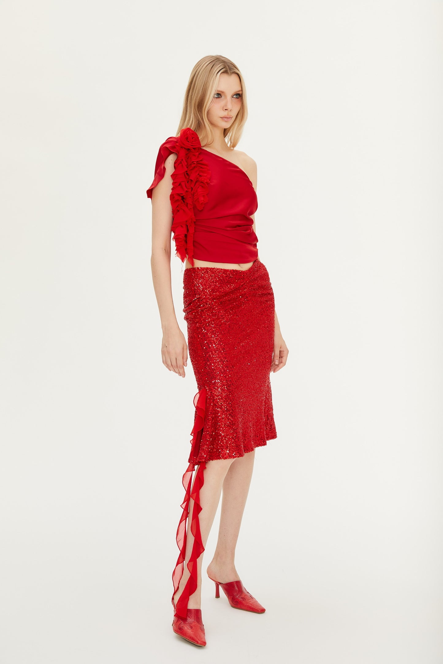 Arlo Sequin Midi Skirt in Red