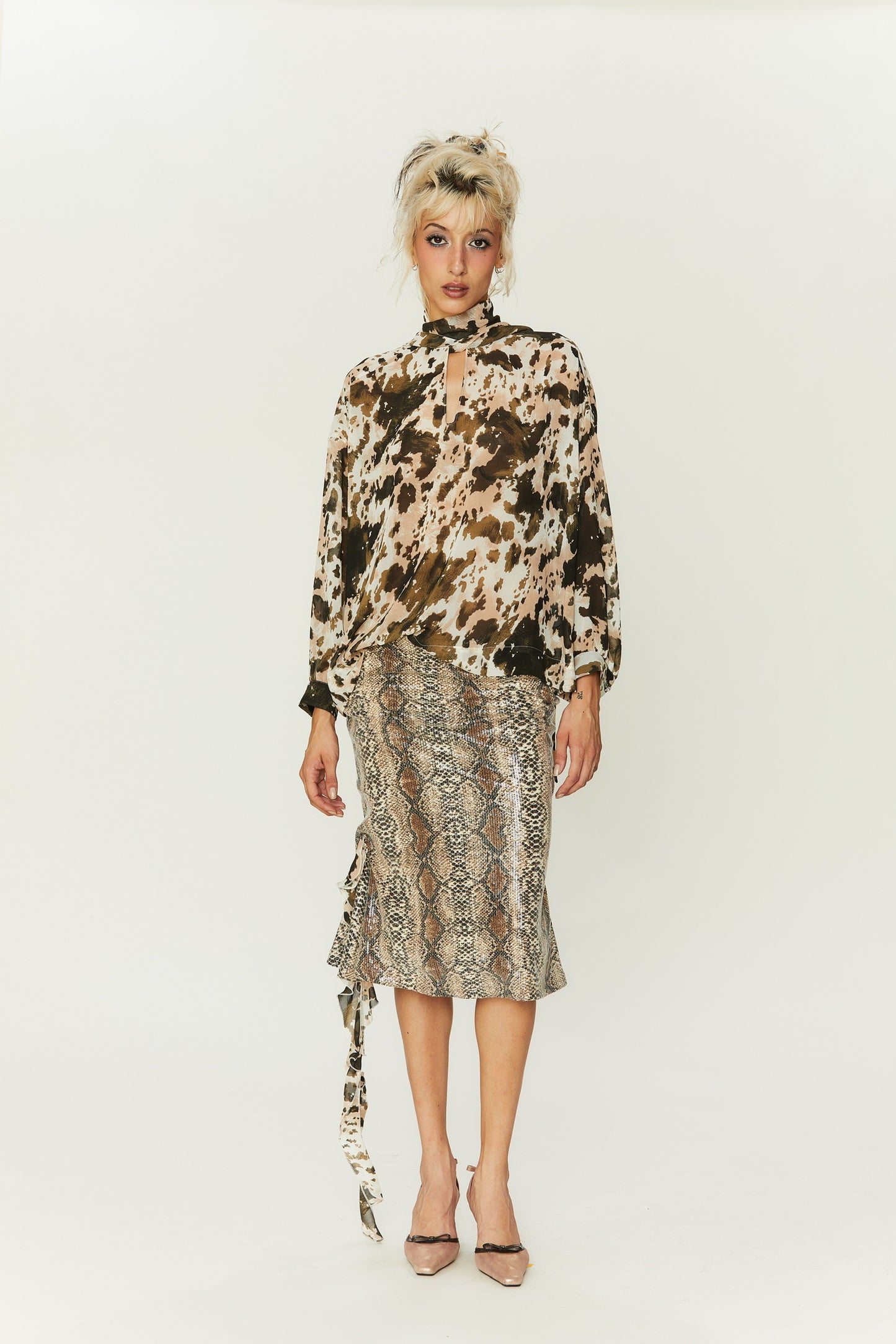 Arlo Snakeskin print Sequin Midi Skirt in Brown