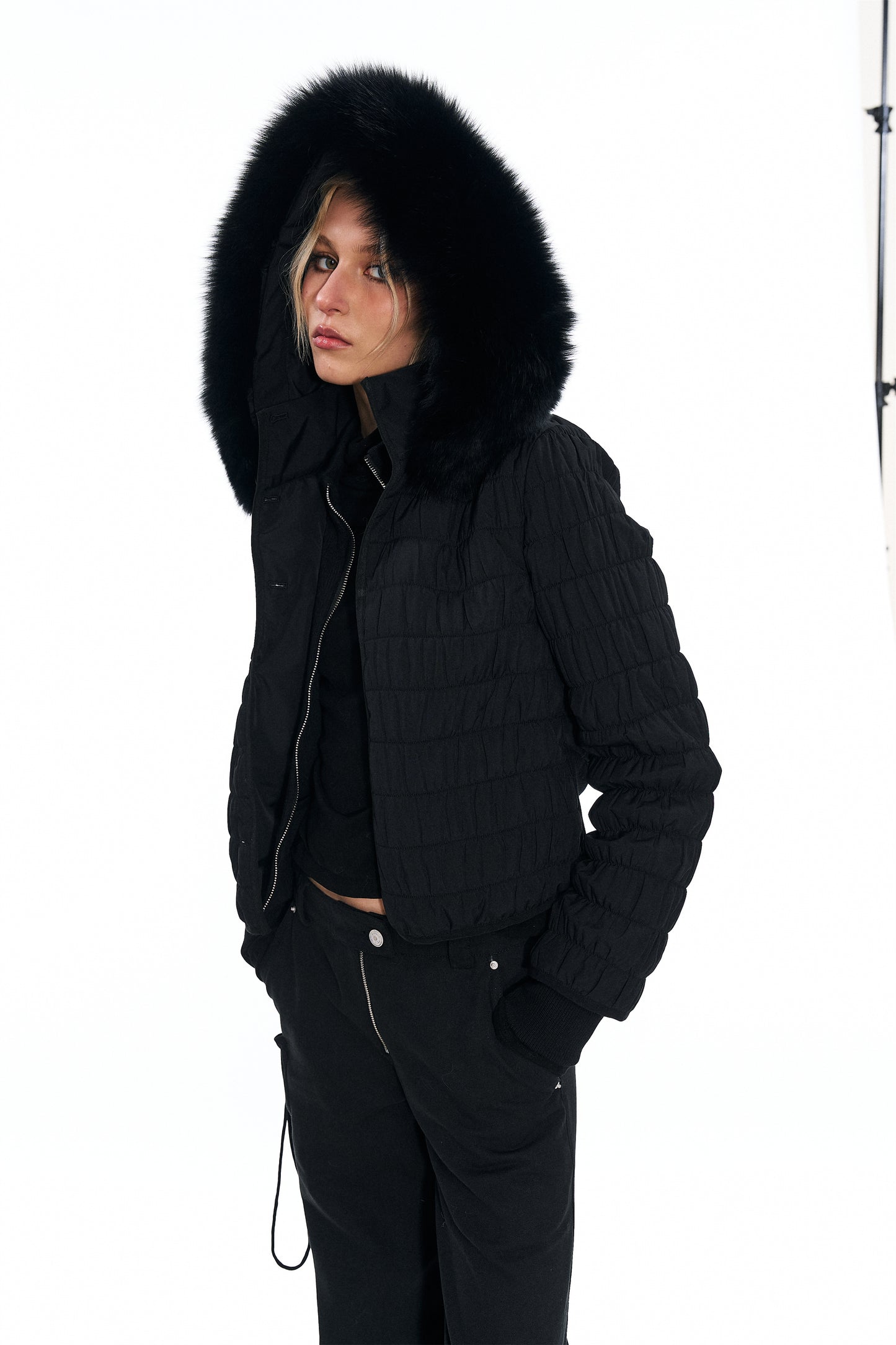 Erica Fox Fur-Trimmed Cotton Jacket in Black