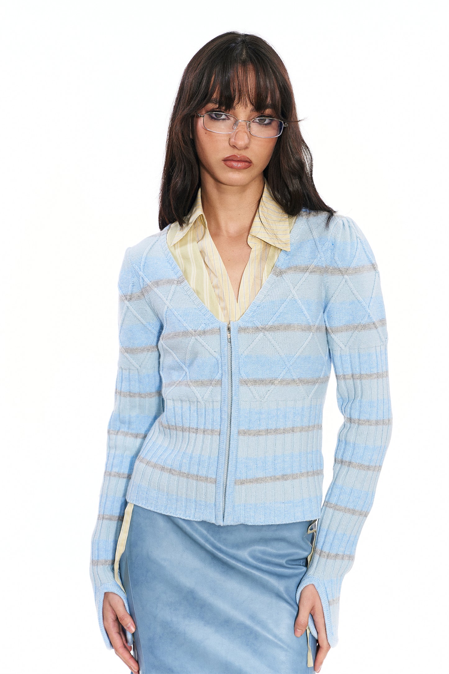 Regee Striped Knit Slim-Fit Cardigan in Blue