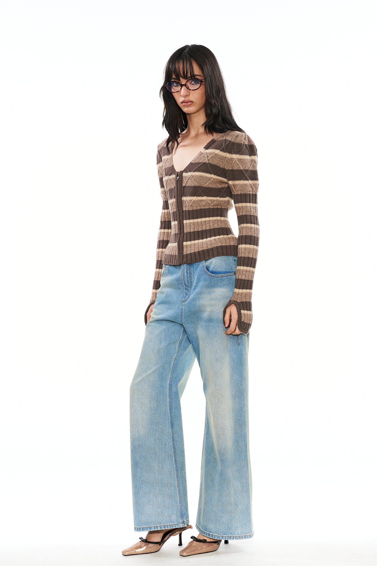 Regee Striped Knit Slim-Fit Cardigan in Brown