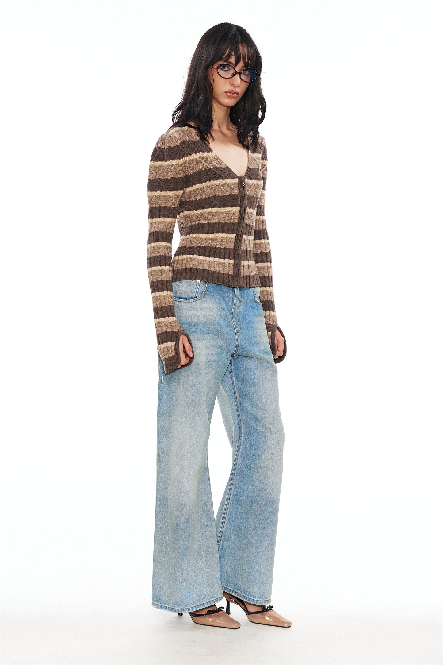 Regee Striped Knit Slim-Fit Cardigan in Brown