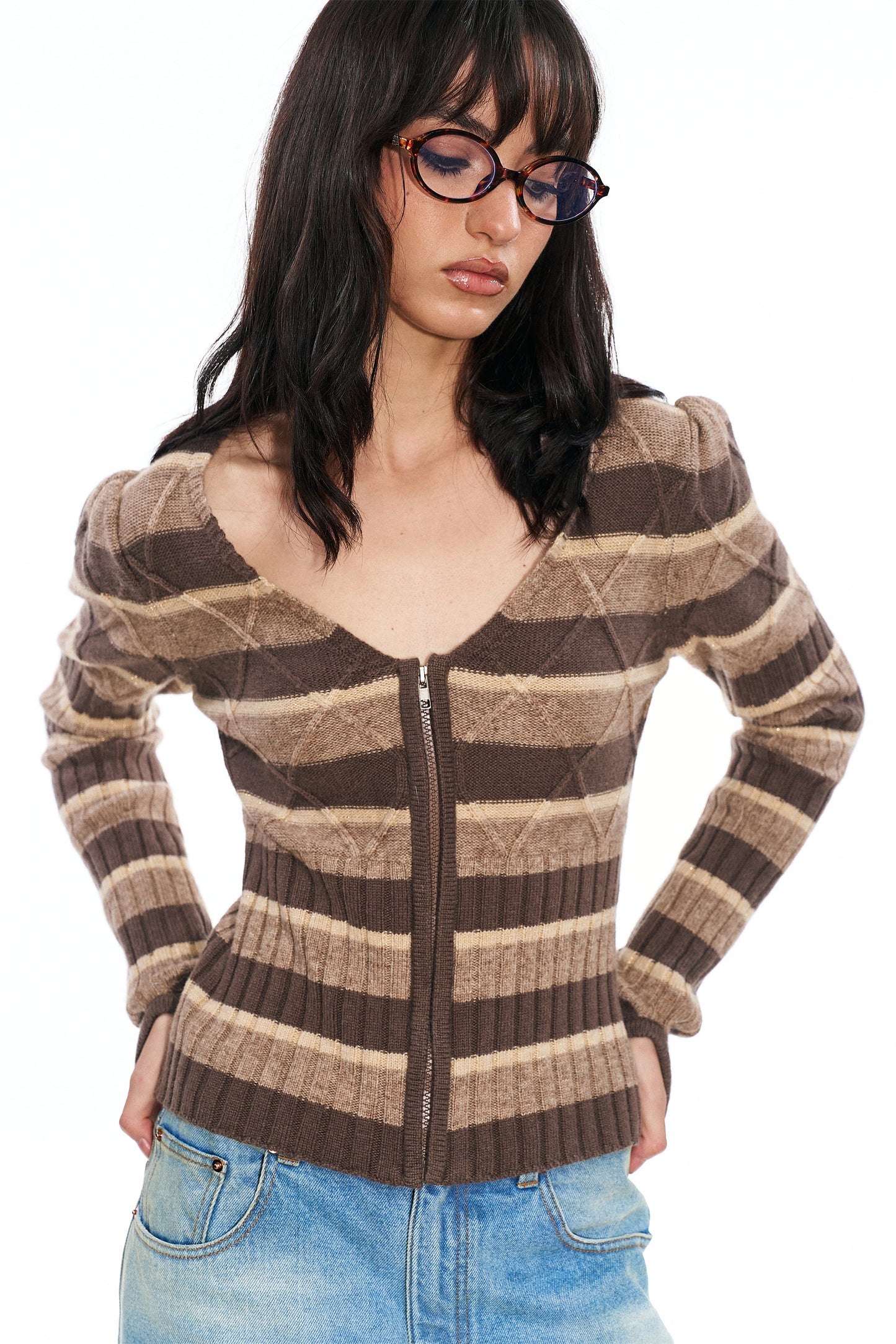 Regee Striped Knit Slim-Fit Cardigan in Brown