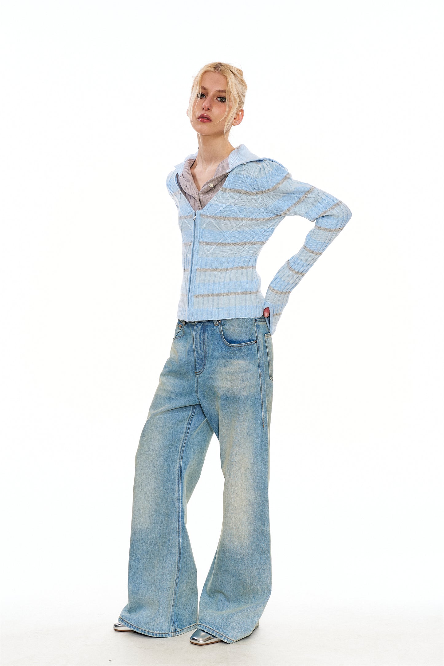 Regee Striped Knit Slim-Fit Cardigan in Blue