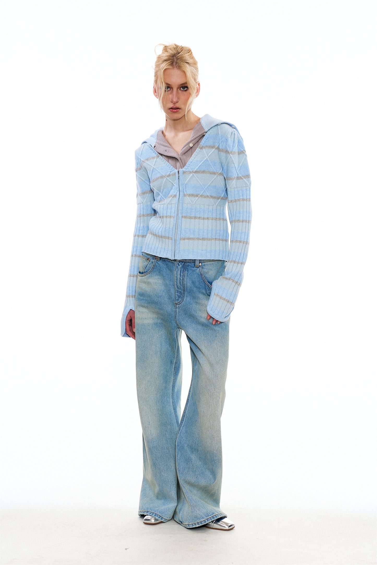 Regee Striped Knit Slim-Fit Cardigan in Blue