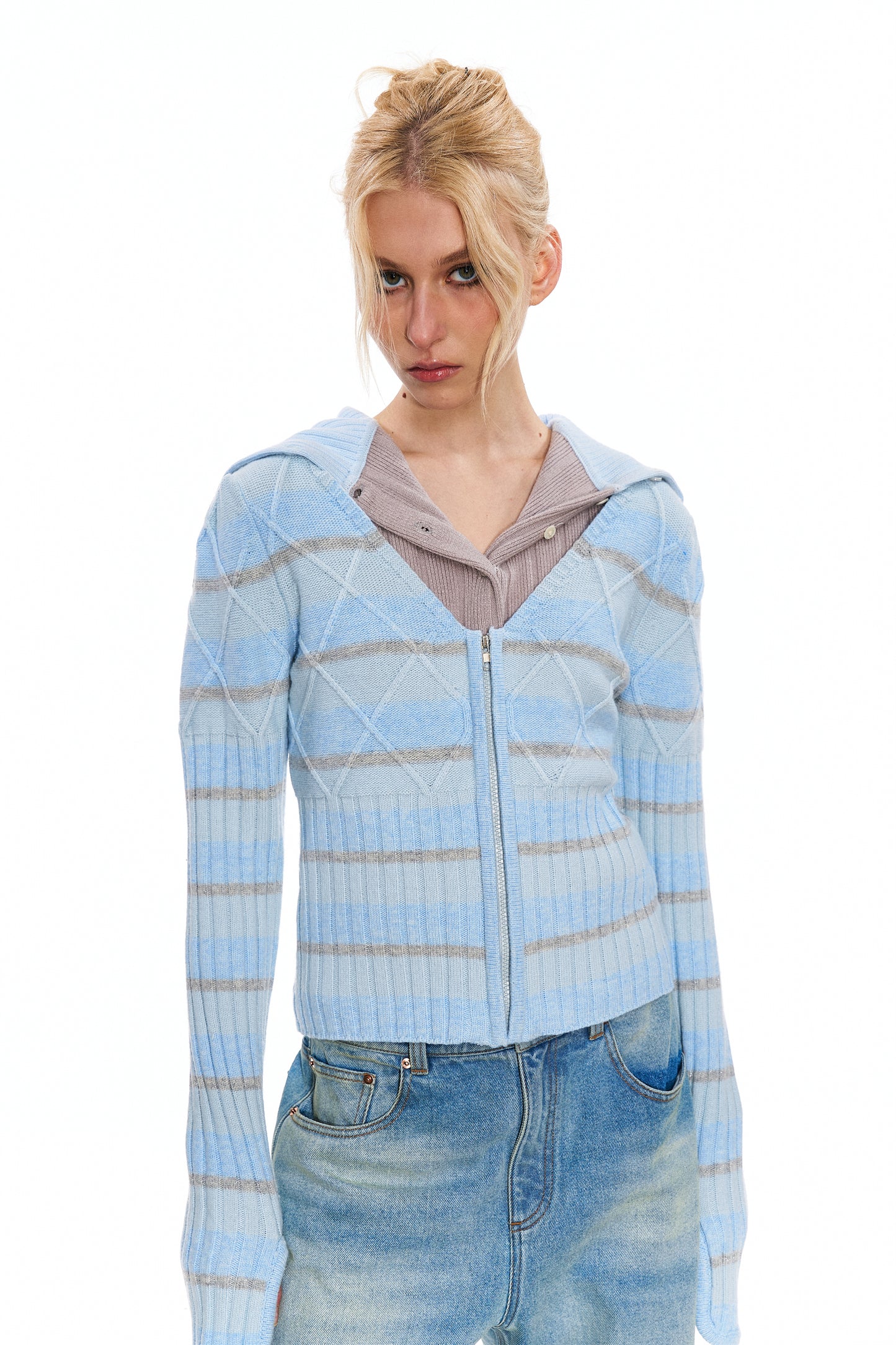 Regee Striped Knit Slim-Fit Cardigan in Blue