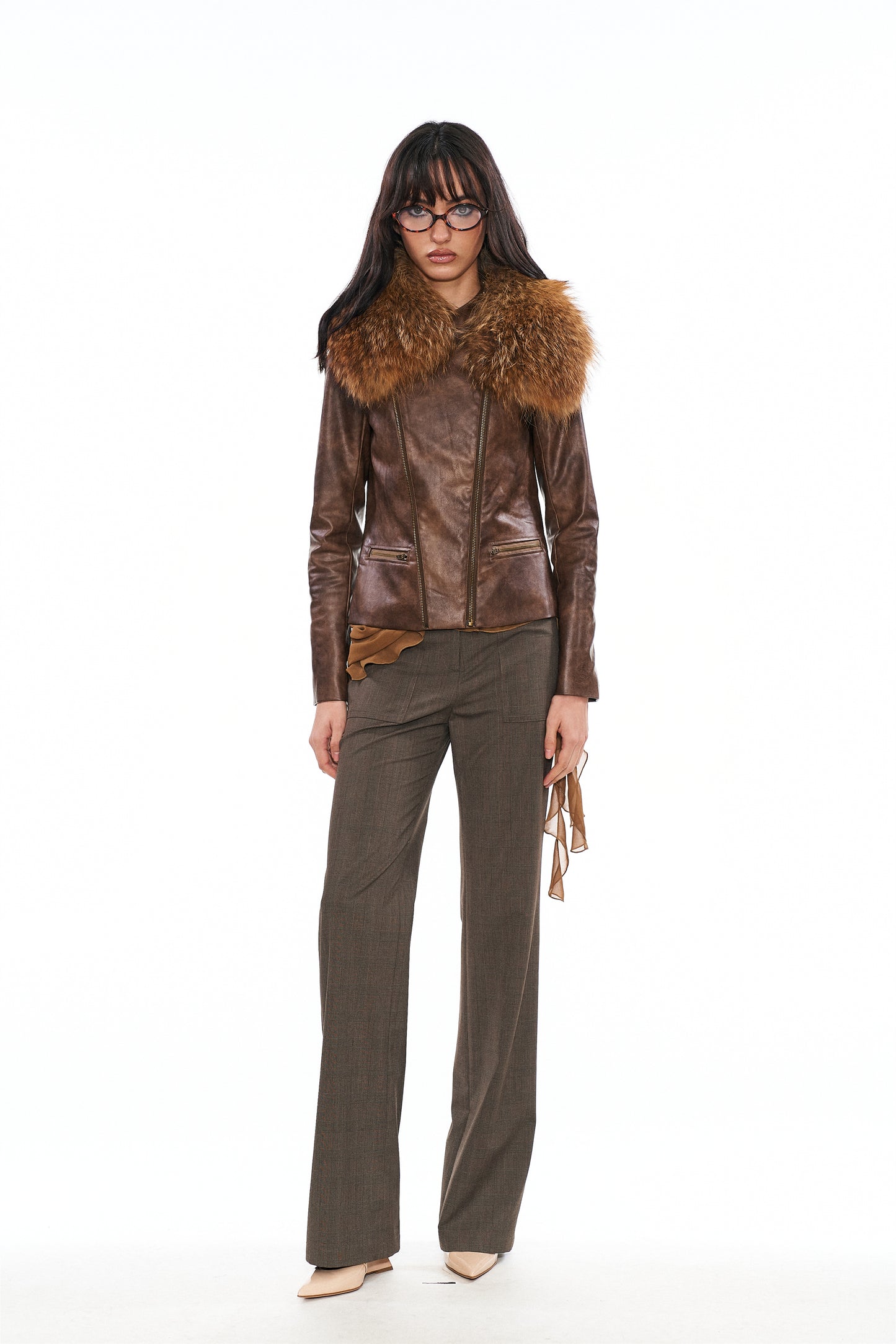 Mitty Raccoon Fur-Trimmed Leather Jacket in Brown