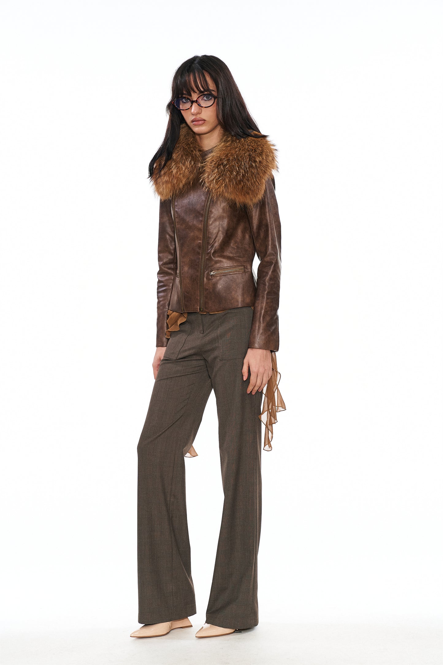 Mitty Raccoon Fur-Trimmed Leather Jacket in Brown