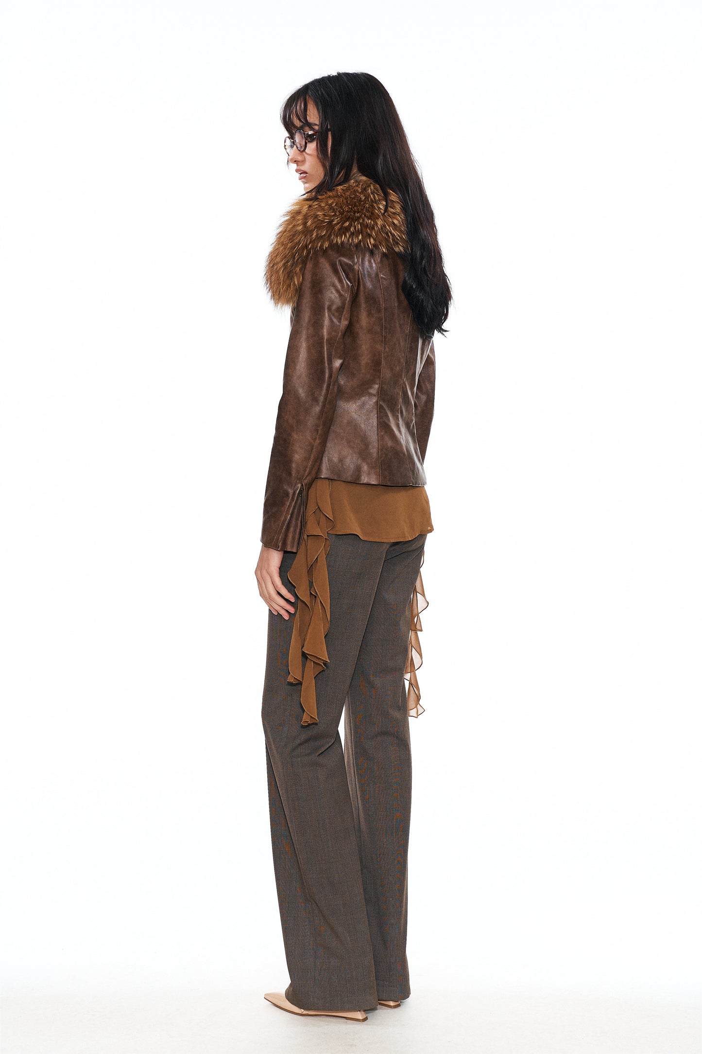 Mitty Raccoon Fur-Trimmed Leather Jacket in Brown