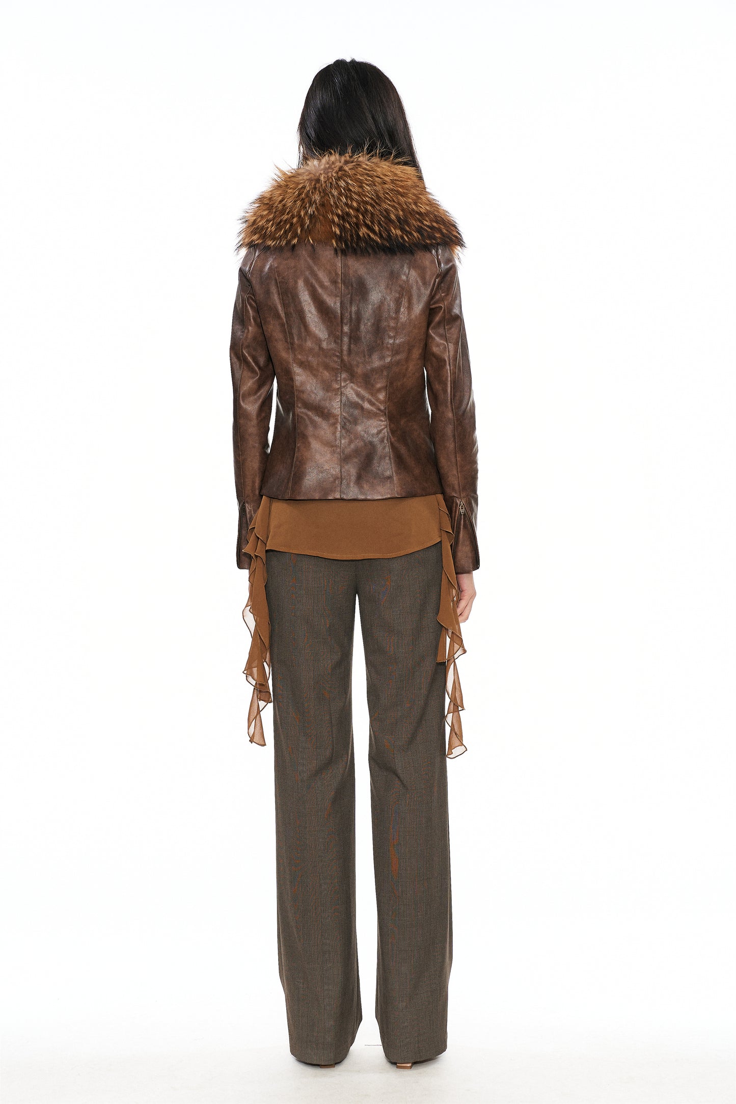 Mitty Raccoon Fur-Trimmed Leather Jacket in Brown