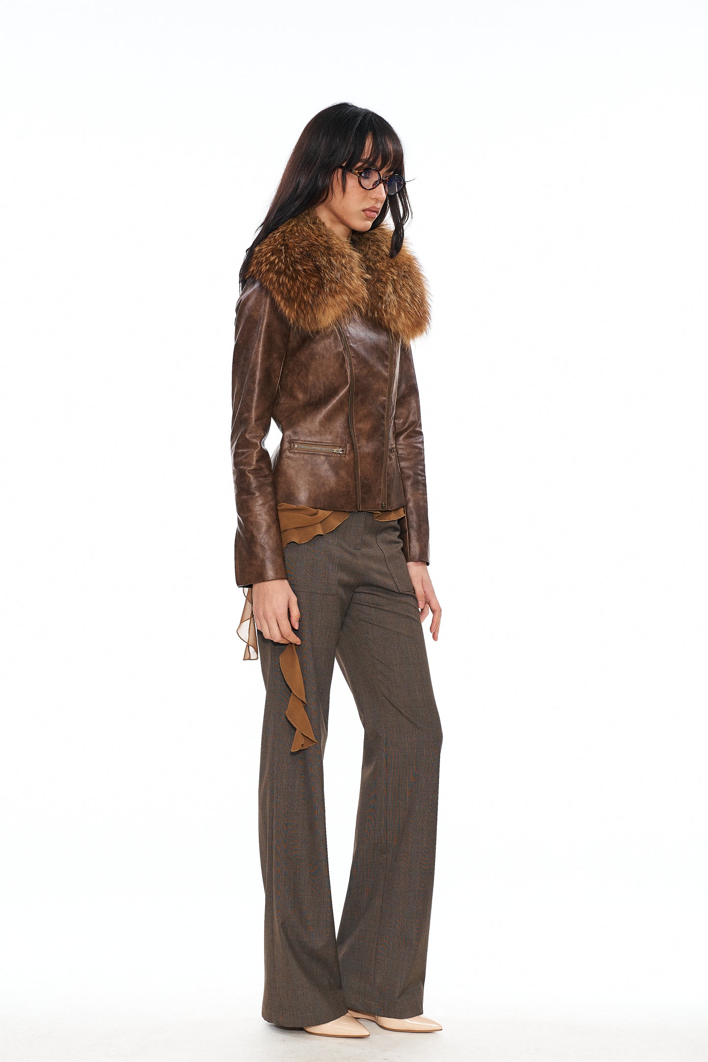 Mitty Raccoon Fur-Trimmed Leather Jacket in Brown