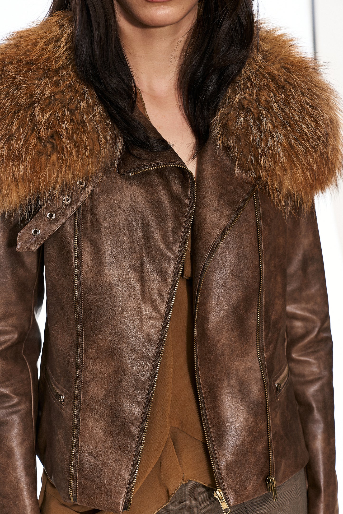 Mitty Raccoon Fur-Trimmed Leather Jacket in Brown