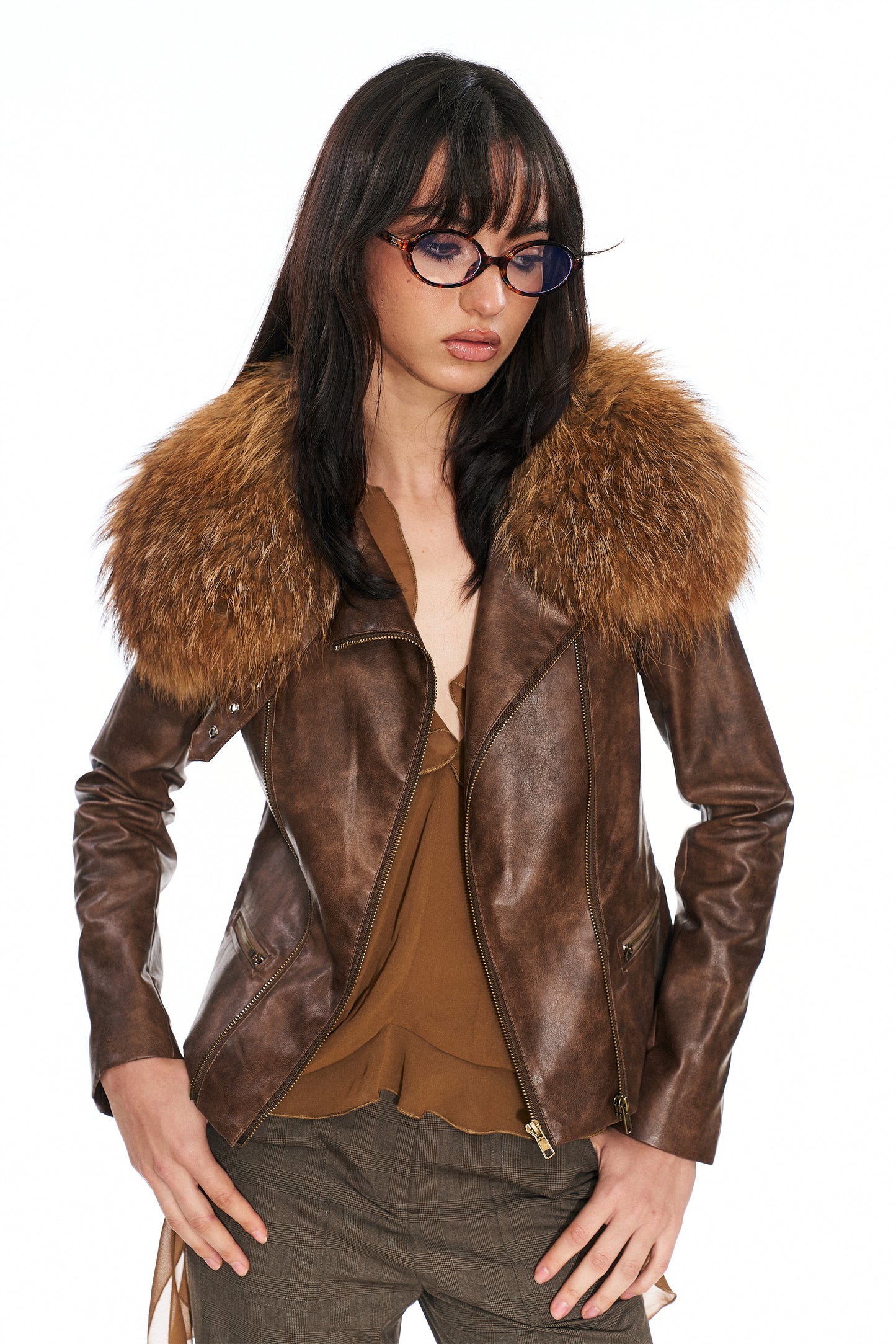 Mitty Raccoon Fur-Trimmed Leather Jacket in Brown