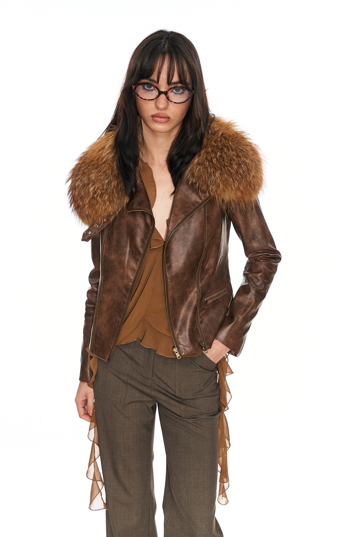 Mitty Raccoon Fur-Trimmed Leather Jacket in Brown