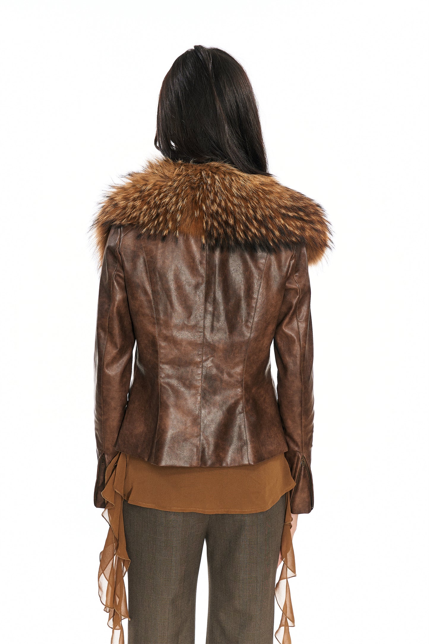 Mitty Raccoon Fur-Trimmed Leather Jacket in Brown