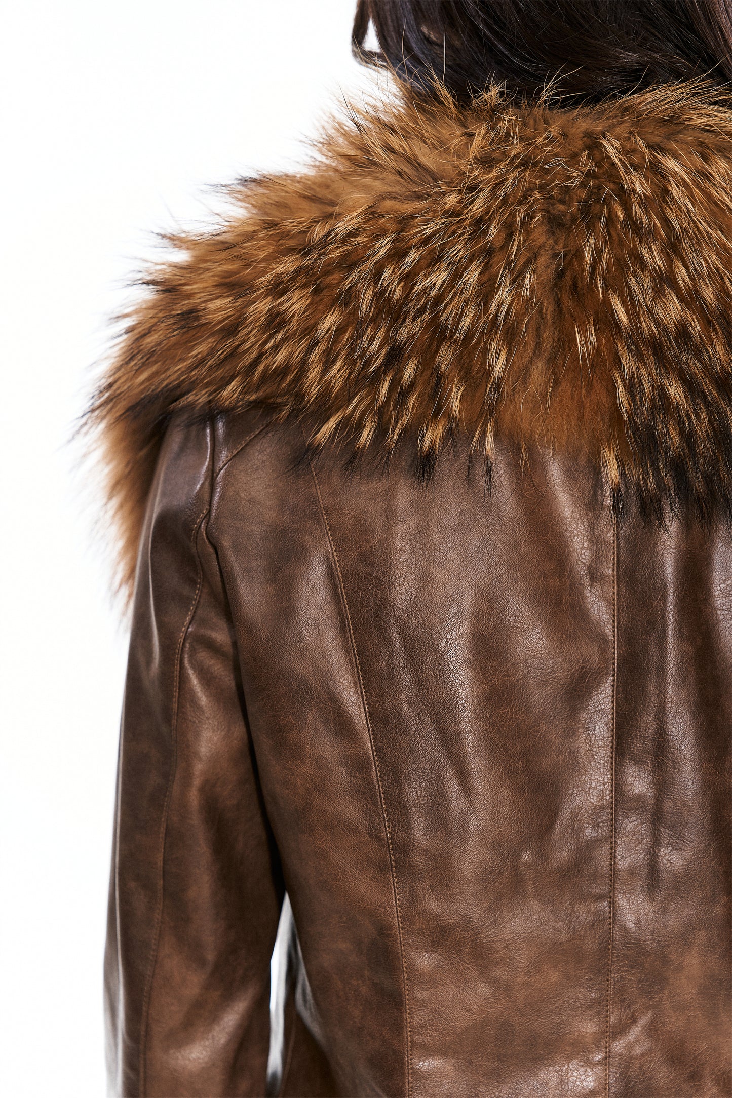 Mitty Raccoon Fur-Trimmed Leather Jacket in Brown