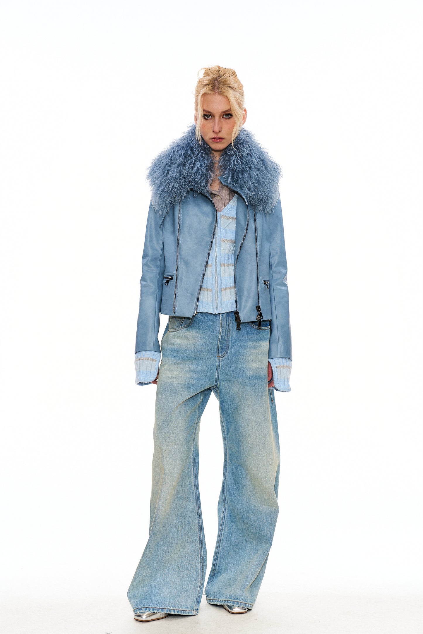 Mitty Raccoon Fur-Trimmed Leather Jacket in Blue