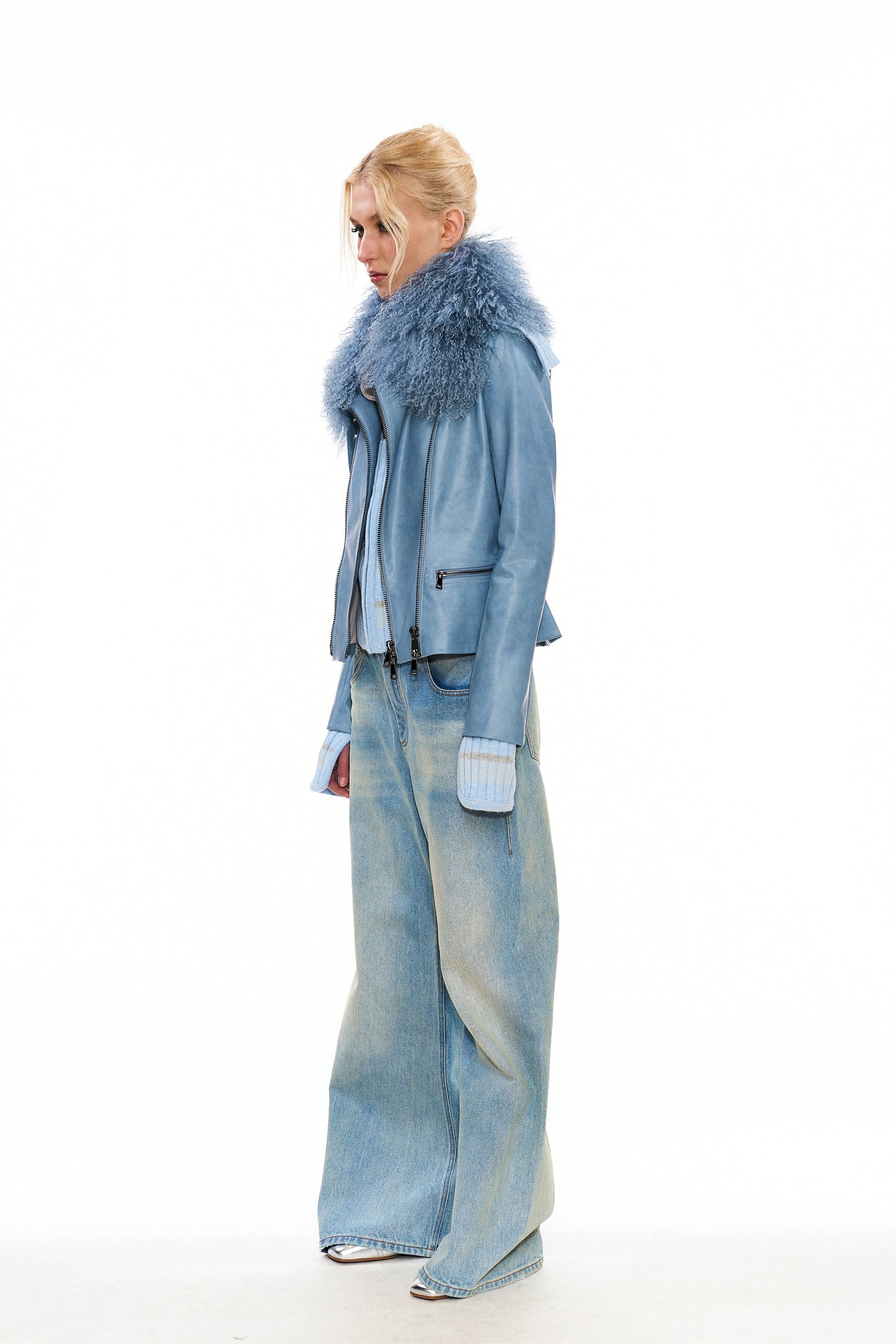 Mitty Raccoon Fur-Trimmed Leather Jacket in Blue