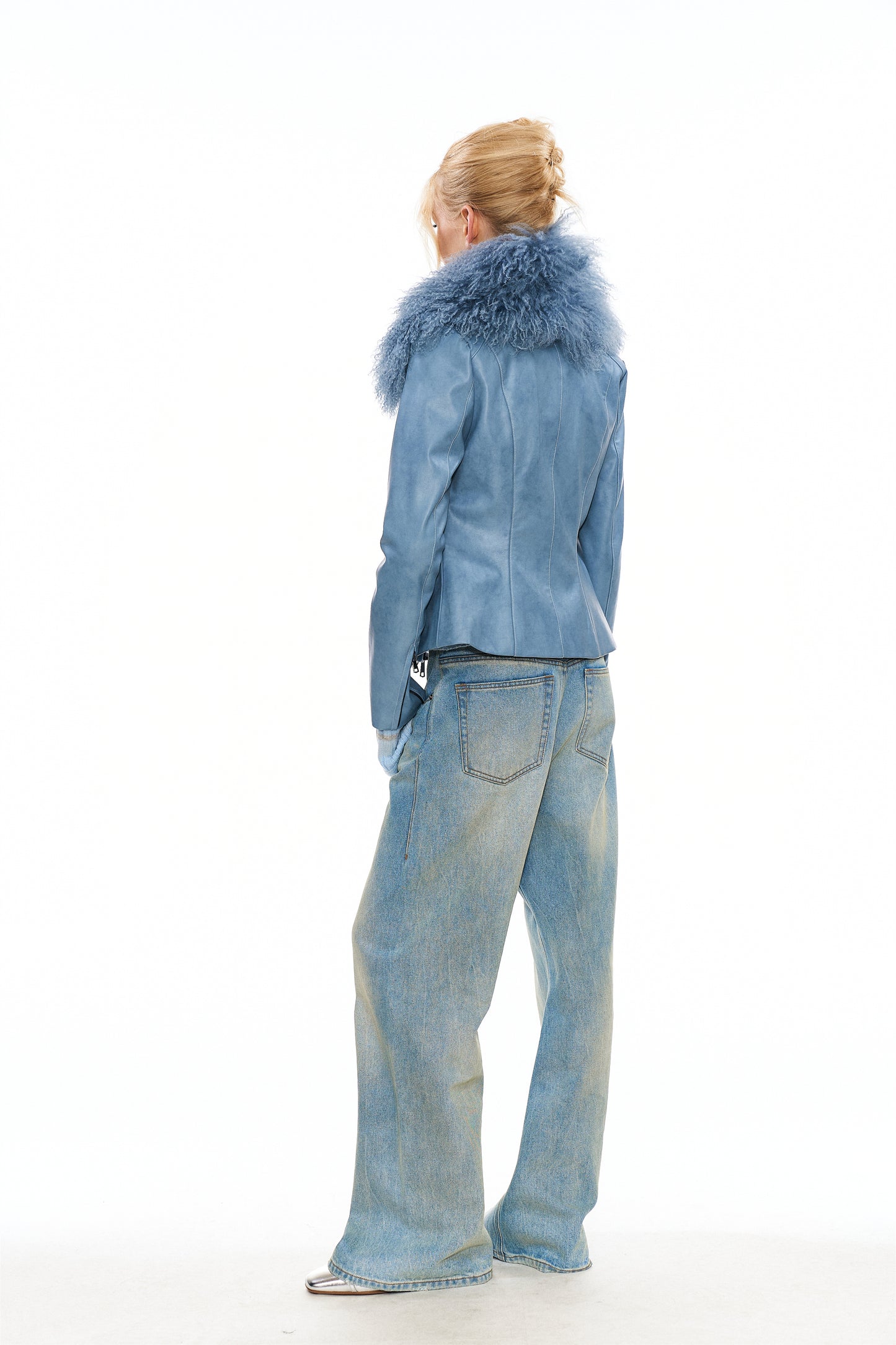 Mitty Raccoon Fur-Trimmed Leather Jacket in Blue