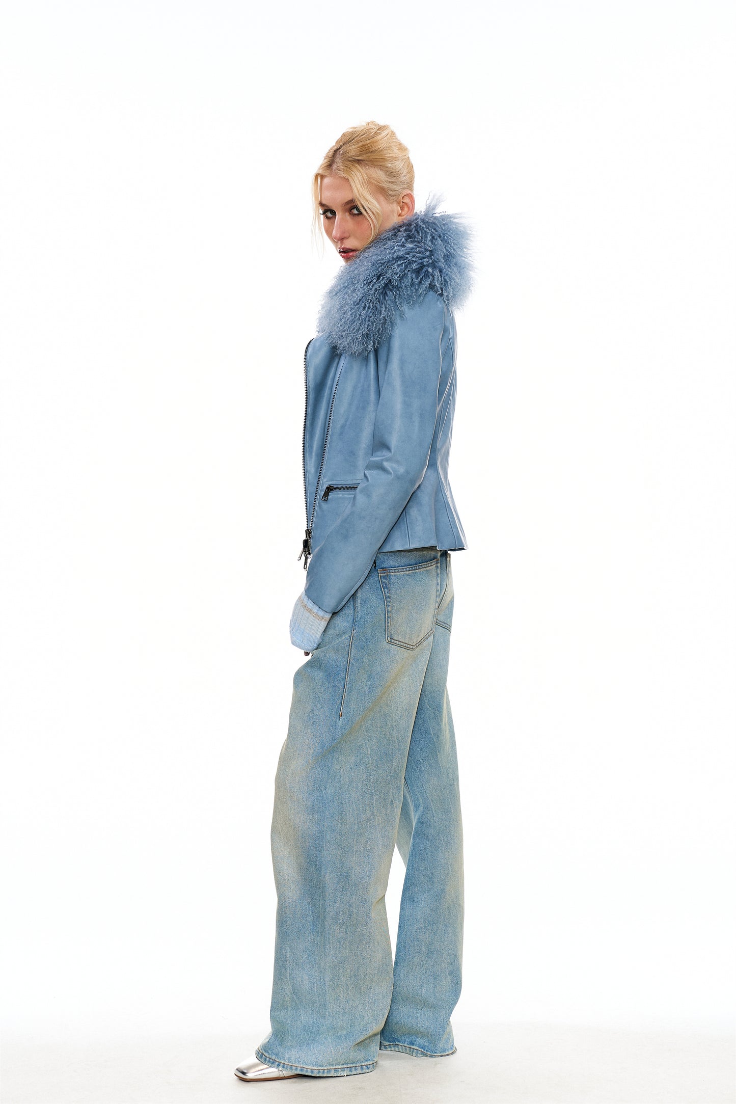 Mitty Raccoon Fur-Trimmed Leather Jacket in Blue