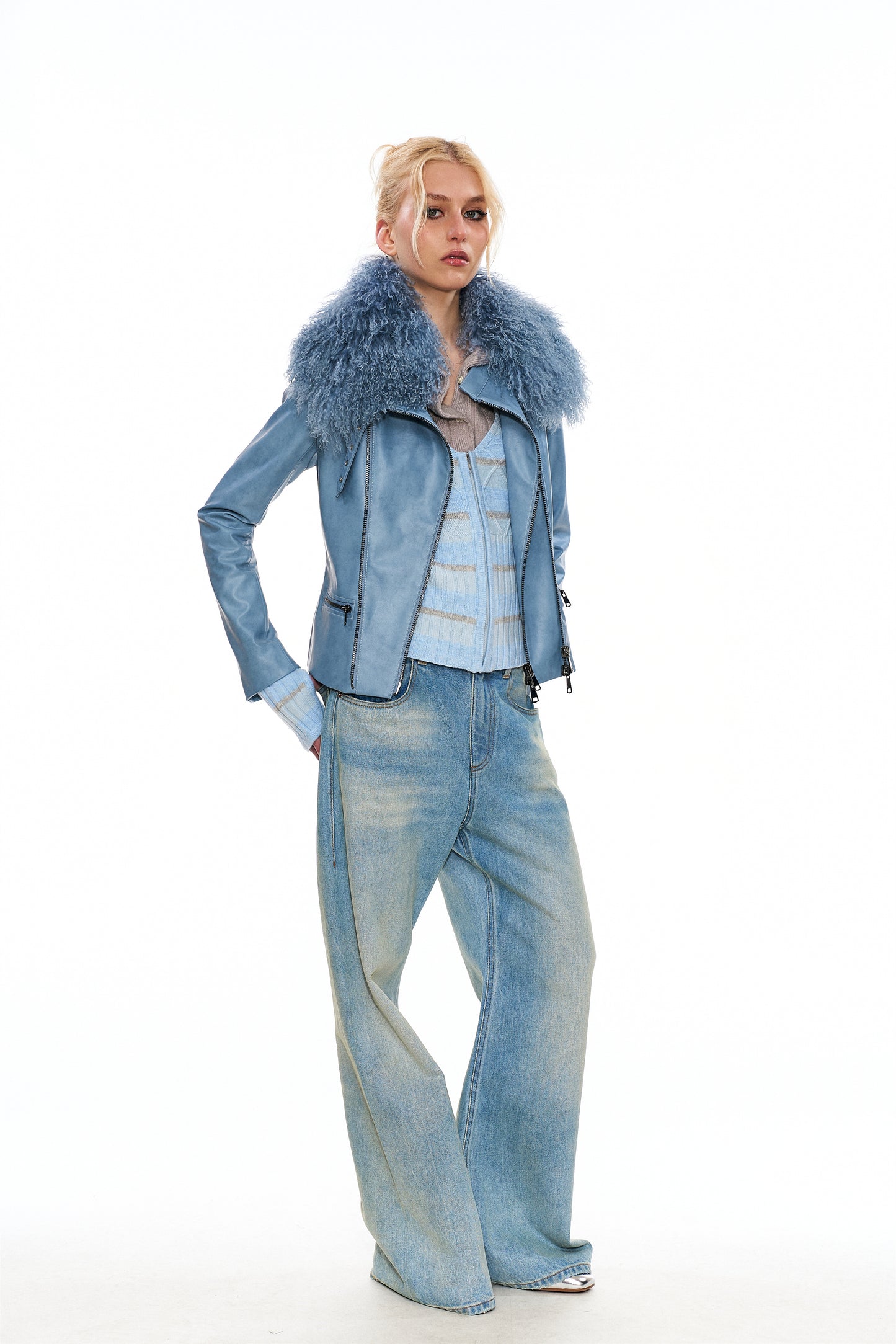 Mitty Raccoon Fur-Trimmed Leather Jacket in Blue